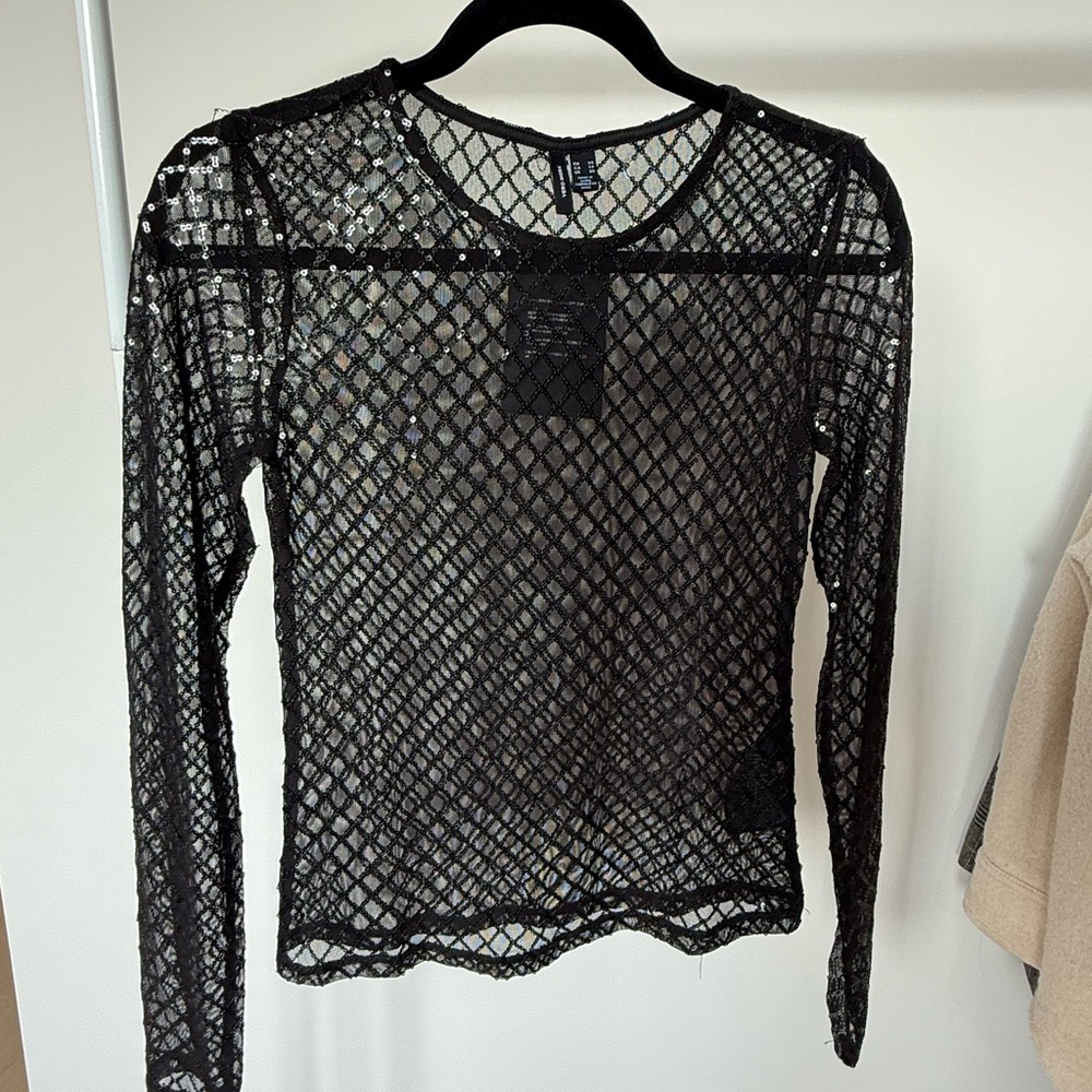 Black Mesh Sequence Long Sleeve Top